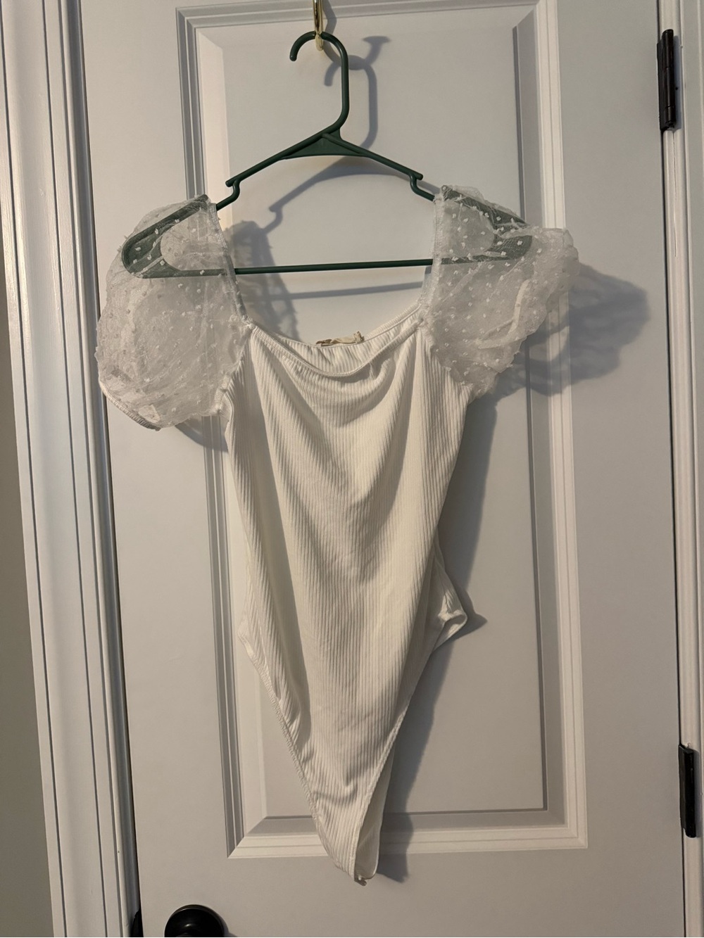 Altar'd State White Ribbed Mesh Swiss Dot Short Puff Sleeve Bodysuit